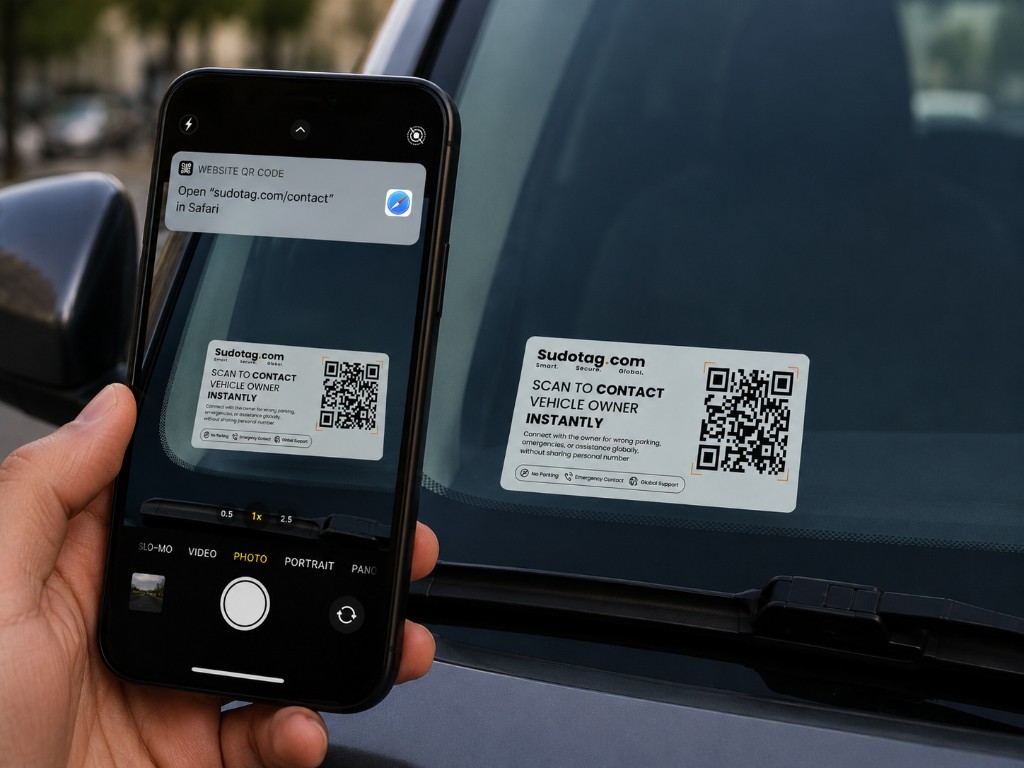 Scanning a SudoTag QR sticker on a car windshield with a smartphone